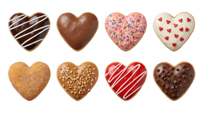 Heart shaped donut set including chocolate, strawberry, vanilla, and cinnamon toppings isolated. Sweet valentines day dessert and bakery collection.