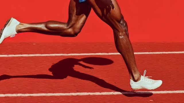 Muscular sprinter legs push off starting blocks on bright running track capturing explosive speed athletic strength and professional sport training