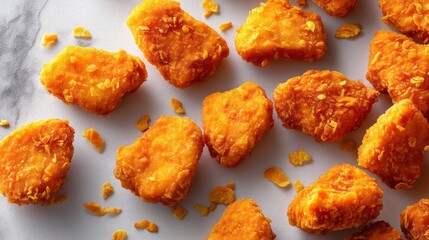 Golden, crispy chicken bites lay scattered on a smooth gray surface, inviting a delicious feast. Perfect for sharing at a party or enjoying as a tasty snack any time of day