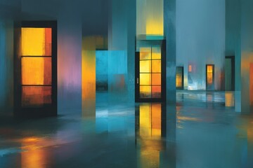 Abstract interior, vibrant colors, glowing windows