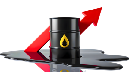 Black oil barrels arranged in ascending order with a red upward-pointing arrow overlayed, signaling growth