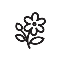 Simple Black Outline Flower Icon with Leaves and Bud for Nature Designs