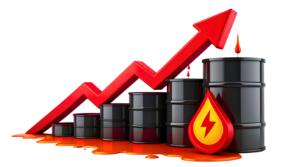 Black oil barrels arranged in ascending order with a red upward-pointing arrow overlayed, signaling growth