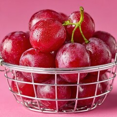 Vibrant red grapes, glistening with water droplets, in a wire basket
