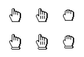 Retro Pixelated Hand Cursor Icon Set, 8-bit Pointer and Grab Symbols, Computer Interface Click and Drag Graphics, Aliased Glove UI Elements, Low-Resolution Vector Collection