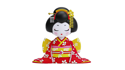 Charming Kokeshi Doll in Red Kimono with Cherry Blossoms