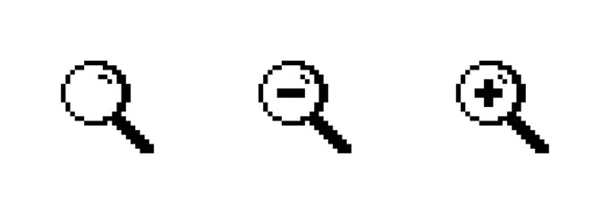 Retro Pixelated Magnifying Glass Icon Set, 8-bit Search and Zoom Symbols, Computer Interface Discovery Graphics, Aliased Lens UI Elements, Low-Resolution Vector Collection