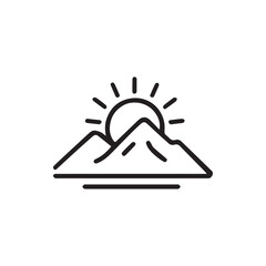 Minimalist mountain landscape with a shining sun icon of dawn or dusk