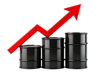 Black oil barrels arranged in ascending order with a red upward-pointing arrow overlayed, signaling growth