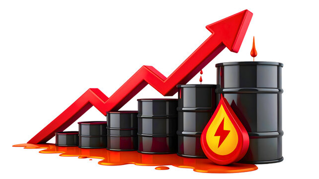 Black oil barrels arranged in ascending order with a red upward-pointing arrow overlayed, signaling growth