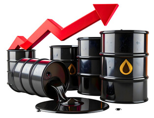 Black oil barrels arranged in ascending order with a red upward-pointing arrow overlayed, signaling growth