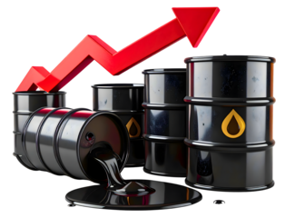 Black oil barrels arranged in ascending order with a red upward-pointing arrow overlayed, signaling growth