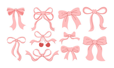 Coquette Bow Vector Set Hand Drawn Illustration in Pink Pastel Colors