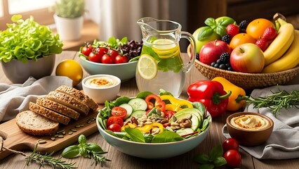 Fresh fruit and vegetable spread with bread and herbs on wooden table