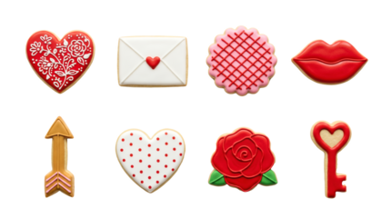 Valentine's Day sugar cookie set including heart, envelope, rose, lips, arrow, and key shapes. Romantic bakery and dessert collection.