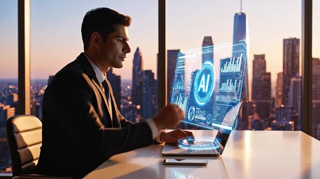 Professional businessman analyzing complex data with AI-powered holographic analytics dashboard for real-time insights. Optimizing business strategy, performance, and innovation using advanced...
