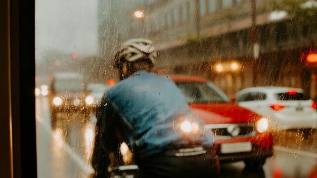 Cyclist in rain jacket rides through wet city traffic with water drops on window conveying urban commute bad weather and determination