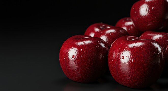 Close-up of fresh, ripe dark red cherries with water droplets on a dark background. - Powered by Adobe