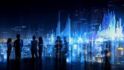 Silhouettes of business people stand before glowing digital cityscape packed with charts and data lines symbolizing innovation teamwork and future corporate strategy - Powered by Adobe