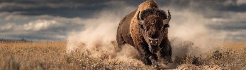 Fototapeta premium A powerful bison charges through tall grass, kicking up dust against a dramatic sky, showcasing the raw energy of the American wilderness.