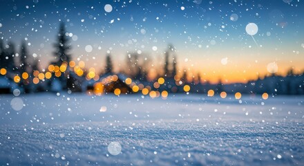 Fototapeta premium Beautiful winter landscape with falling snow, blurred festive lights, and a cozy house at dawn or dusk.