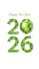 Happy New Year 2026 with green earthy numbers and globe.