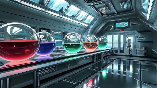 Futuristic Laboratory Interior With Row Of Glass Beakers Filled With Colorful Liquids On A Metallic Counter Under Blue And White Illumination