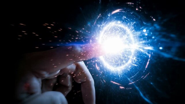 Finger touches bright energy orb in dark environment creating spark of light symbolizing innovation inspiration connection and powerful technology concept