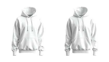 Two white hoodies, centered, against a black background