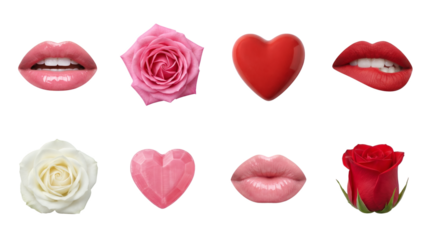 Romantic elements set including pink lips, red hearts, white and red roses isolated. Valentines day and beauty collection.