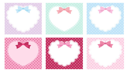 リボンがついたかわいいハートのレースフレームのベクターイラストセット。ドット、ラブリー