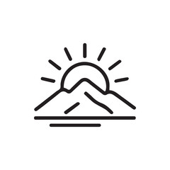 Minimalist Black Line Art Icon Depicting a Serene Mountain Landscape with a Radiant Sun Rising