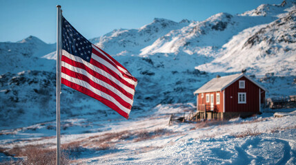Winter scene with American flag and red cabin in snowy landscape