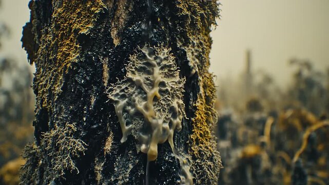 Close-up of textured tree bark with moss and sap, showcasing natural decay and growth in a misty forest setting