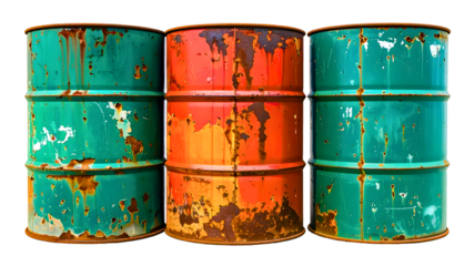 Old rusty metal oil barrel set isolated on white or transparent background