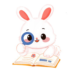 Cartoon Rabbit Reading Book with Magnifying Glass