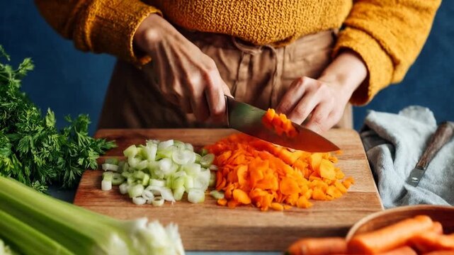 Cook chops colorful vegetables on wooden board in rustic kitchen preparing fresh healthy meal and celebrating homemade food lifestyle