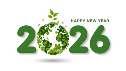 Happy New Year 2026 eco friendly design with green leaves and earth.