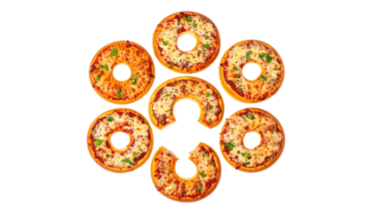 An arrangement of mini pizzas, resembling a flower, set on black