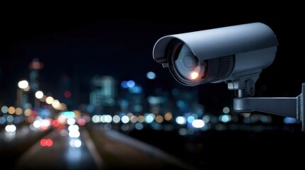 A surveillance camera monitors the city at night, with blurred lights in the background, illustrating security and urban life.