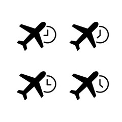 Airplane schedule icon set with clock symbol. Flight time, departure, and travel timetable sign