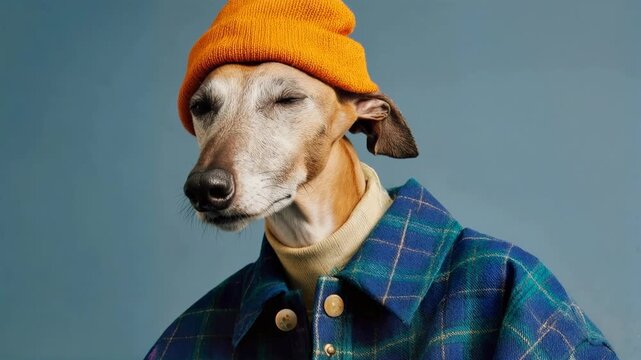 Dog wearing orange beanie and blue jacket poses against pastel wall creating humorous fashionable pet portrait with urban street attitude