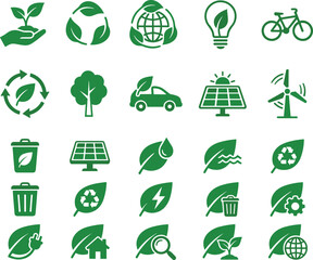 Green eco sustainability icon set with recycling renewable energy nature protection symbols for environmental design projects and clean technology vector