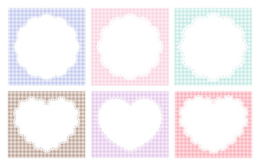 かわいいレースフレームのベクターイラストセット。飾り、枠、ギンガムチェック