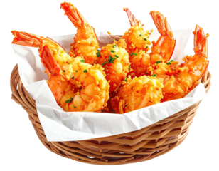 Crispy fried shrimp nestled in a woven basket with paper liner