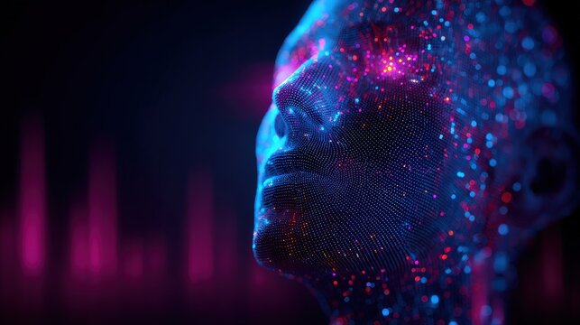 A digital representation of a face made of glowing particles, featuring vibrant colors against a dark background, suggesting themes of technology and artificial intelligence. - Powered by Adobe