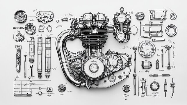 Detailed breakdown of a motorcycle engine with labeled components and mechanical design elements