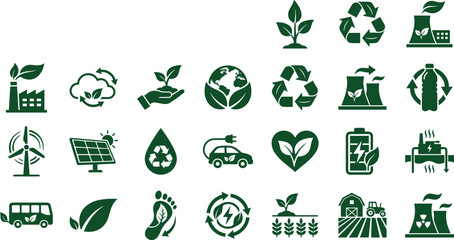 Green eco energy icon set for sustainability, recycling, renewable power, environment protection, ecology, clean technology vector illustration
