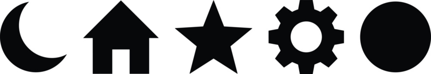 Basic UI icon set, moon home star gear circle symbols, black silhouettes, minimal interface design elements