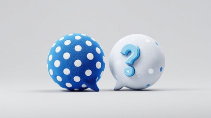 Two cartoon speech bubbles, one blue with white dots, other white with a blue question mark